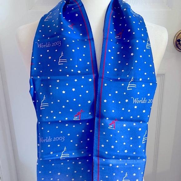 Worlds 2003 Figure Skating Design Womens Silk Scarf Vintage Blue White Red - Picture 1 of 9